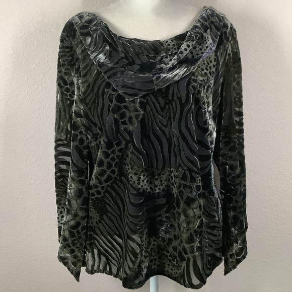 VINTAGE Y2K Burnout Velvet Blouse Top Cowl Whimsigoth Fairy Grunge Green Sz 14 - Picture 1 of 13